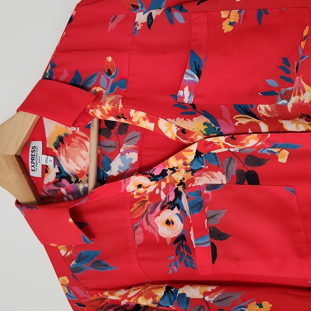 Express Red Floral Button-Down Shirt - Picture 2 of 4
